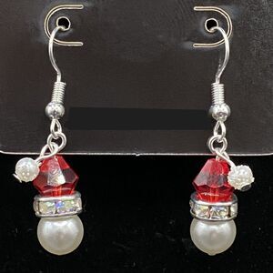 Handmade Santa Head Crystal & Faux Pearl Silver Tone Earrings by Neanie-Bot